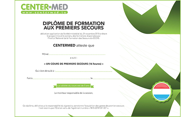 Exemple de diplôme après avoir suivi un cours de premiers secours chez Centermed